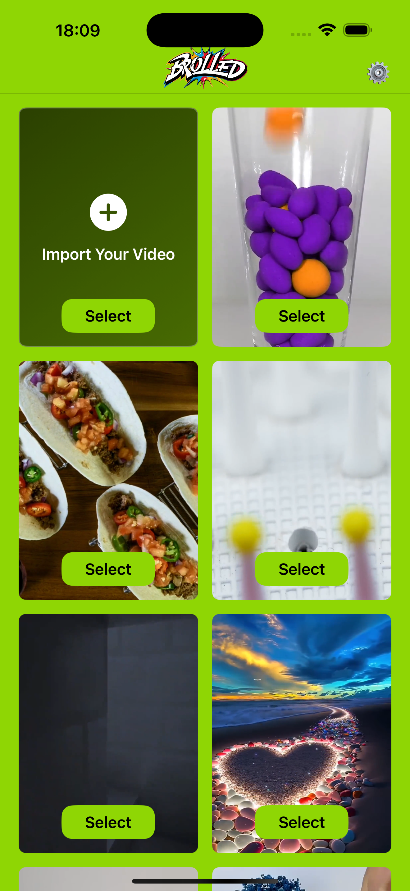 Brolled app video selection interface showing import options